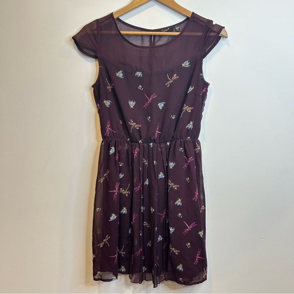 Dex Sheer Overlay Cap Sleeve Mini Dress Dragonfly Burgundy